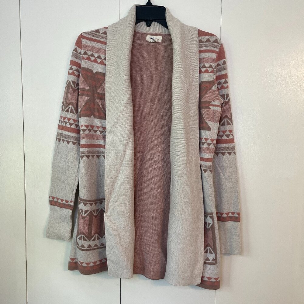 Tan Knit Cardigan Sweater, Geometric Patterns, Yes Lola, Size M